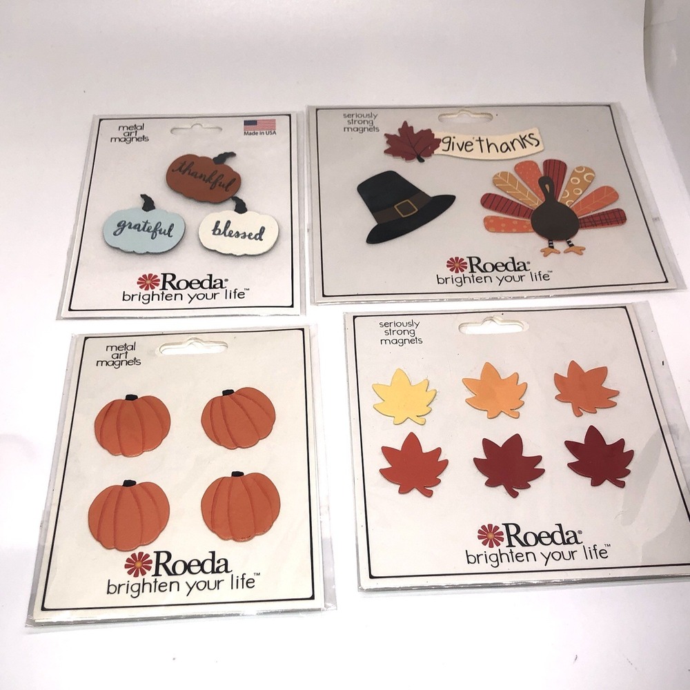 NEW 4 Sets Of Roeda Brighten Life Metal Art Magnets Fall Leaf Pumpkins Turkey - Picture 1 of 7